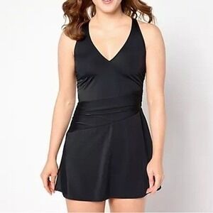 Denim & Co Beach Swimwear Petite 22W Black VNeck Ruched Waist Swim Dress A634758